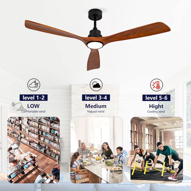 60" Ceiling Fan w/ 18W Led Light 3 Solid Wood Blades Remote Control Reversible DC Motor