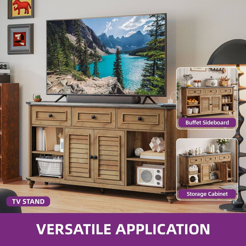 Moasis Farmhouse 59" TV Stand Media Console w/Shelves, Antique Entertainment Center with 3 Drawers