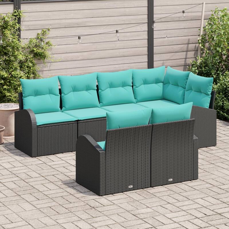 vidaXL 7 Garden Sofa Set with Cushions Black/Brown/Grey Poly Rattan - 92.1 x 48.8 x 27.2