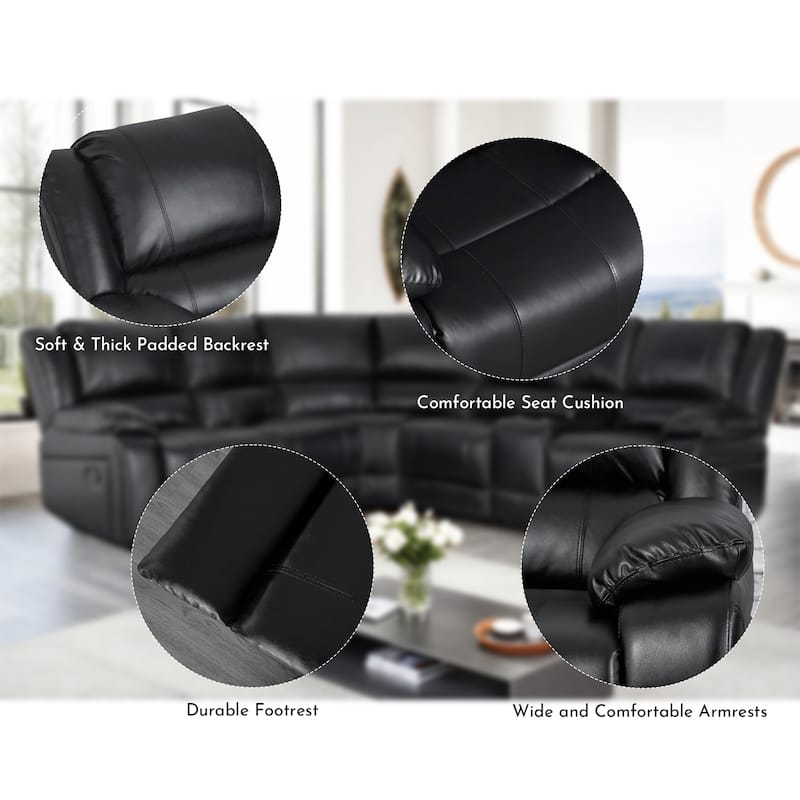 6PCS, 2 Manual Recliners, Faux Leather Reclining Sectional with Center Console