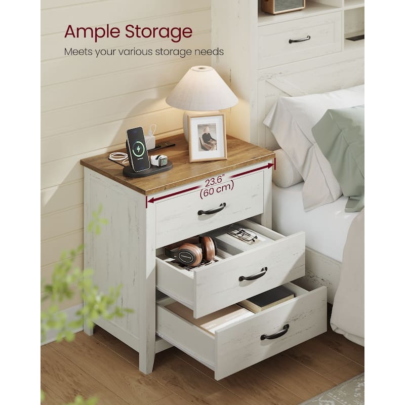 Rustic Farmhouse 3 Drawer Nightstand End Table with Power Outlets and USB Ports for Bedroom