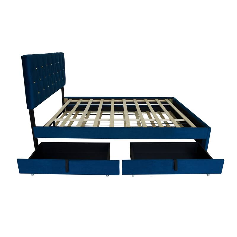 Queen Size Trundle Bed Upholstered Platform Bed Frame with Pull-Out Twin Trundle and Two Storage Drawers, No Box Spring Needed