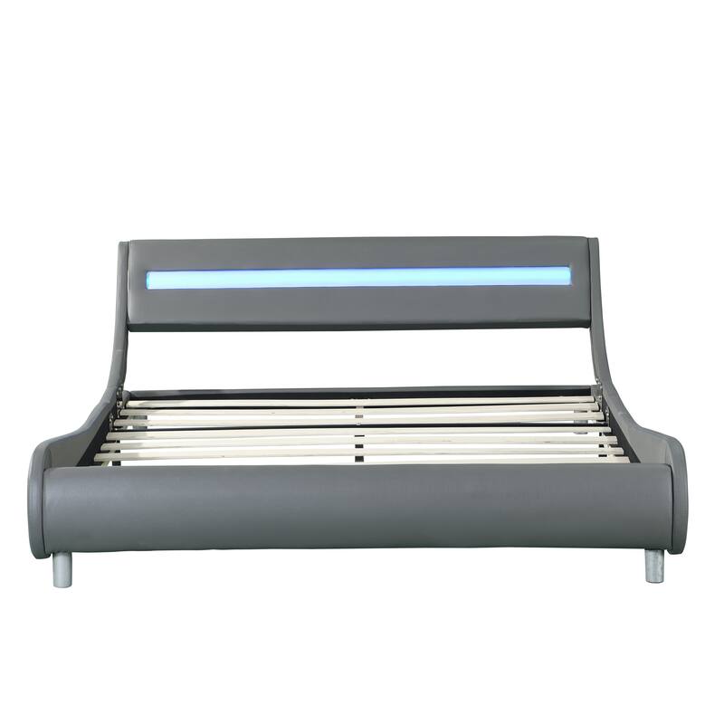 Queen Faux Leather Upholstered Platform Bed with LED & Wood Slat Support