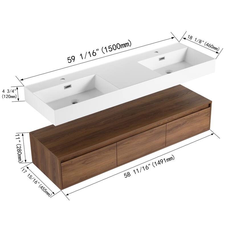 BNK 30/60 inch Floating Single/Double Sink Bathroom Vanity with Soft Close Drawer