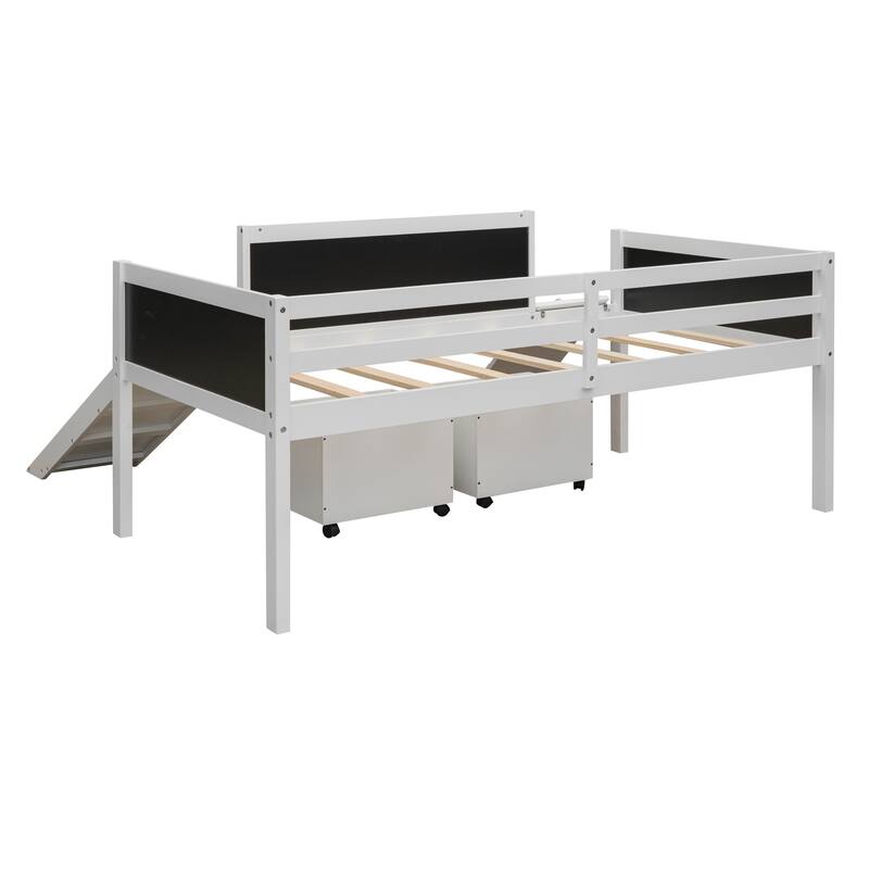 Twin Size Loft Bed with Climbing Frame, Slide, and Chalkboard, Storage Included