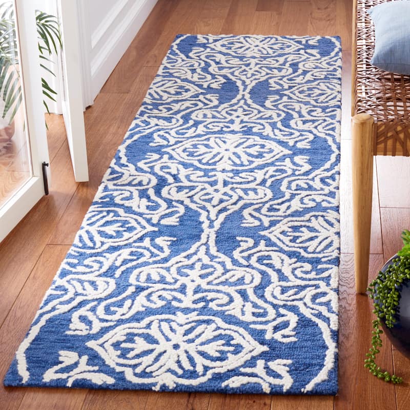 SAFAVIEH Handmade Blossom Mahalia Modern Floral Wool Rug - 2'3" x 8' Runner - Navy/Ivory