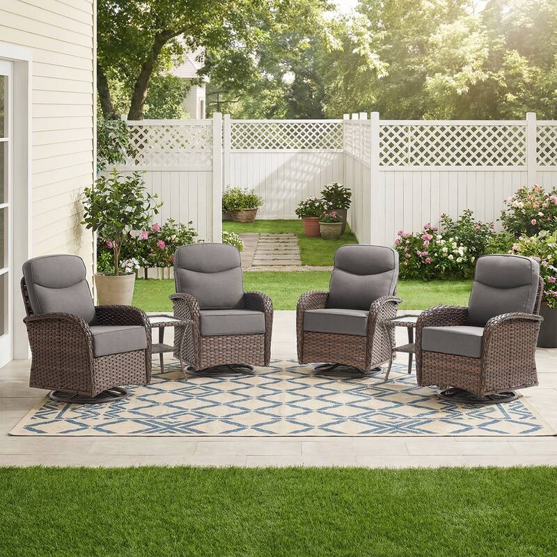 Pocassy Outdoor Sofa Swivel Chair and Ottman with Coffee Table - Brown Wicker Gray Cushion - 6-Piece Swivel Chair with Side Table
