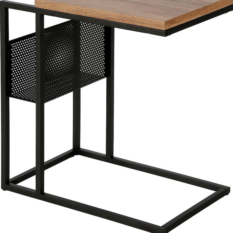 Brown Wood C Table with Black Steel Base and Magazine Rack Storage - 12” x 20” x 22” (D x W x H)