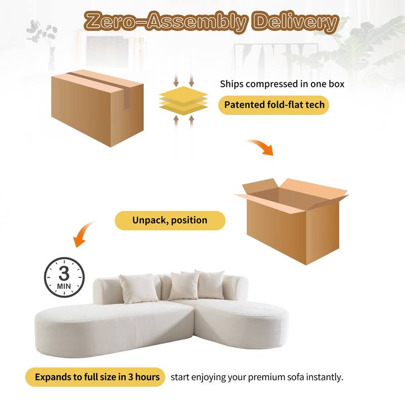 Curved Sectional Sofa with L-Shaped Chaise Lounge, Chenille Upholstered Cloud Sofa, 4 Seater Floor Sofa with 4 Pillows