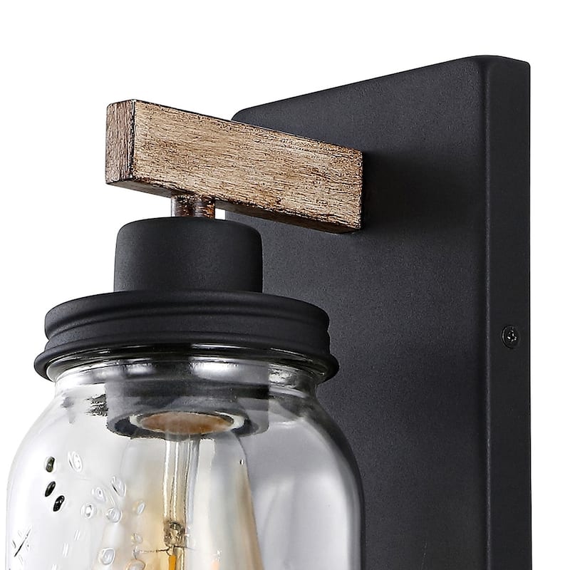 1-Light Black/Wood Tone Rustic Farmhouse Wall Sconce with Clear Mason Jar Glass Shade - 10"H x 4.7"W x 5.4"D