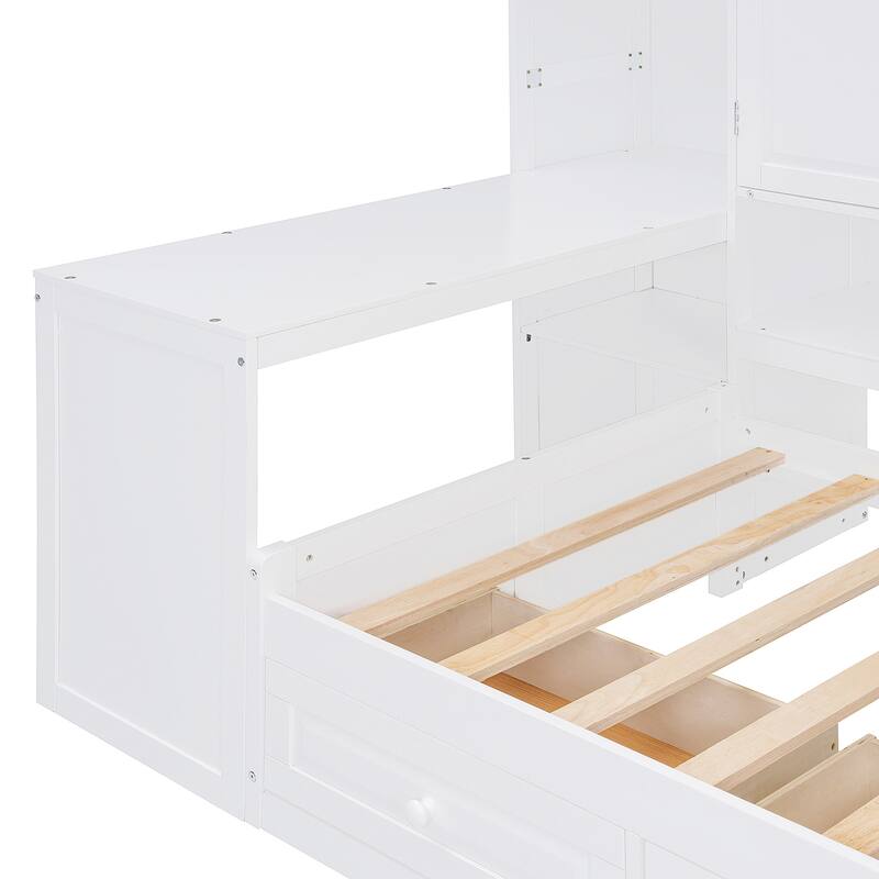 Modern Twin Daybed with All-in-One Cabinet, Desk Wooden Daybed Sofa Bed Frame with 3 Drawers, Multi-Functional Headboard