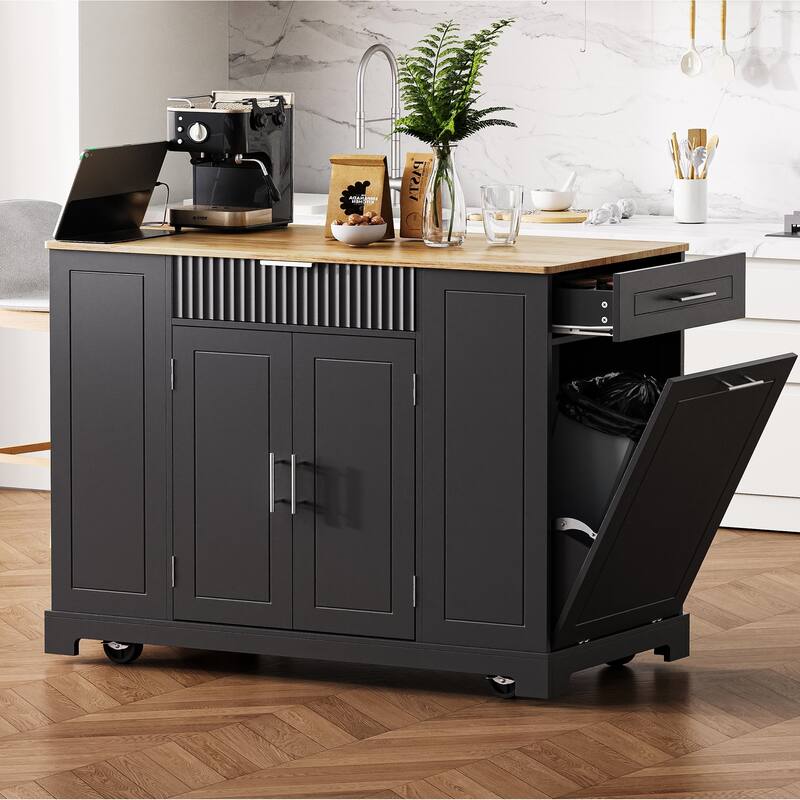 48.50'' Fluted Kitchen Island with Power Outlet, Rolling Wheels, 3 Drawer, 3 Open Side Racks and 10 Gallon Garbage Bin