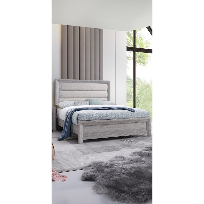 Queen Panel Bed with Plush Channel Tufted Headboard in Driftwood Finish