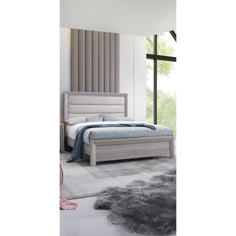 Twin Size Panel Bed with Upholstered Headboard in Driftwood Finish