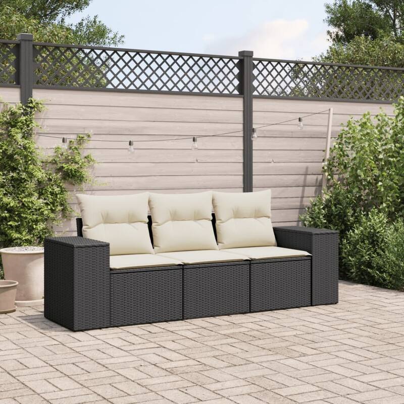 vidaXL Patio Sofa Set with Cushions Outdoor Furniture 4 Piece Poly Rattan - Black and cream without table - 24.4 x 36.6 x 27.2