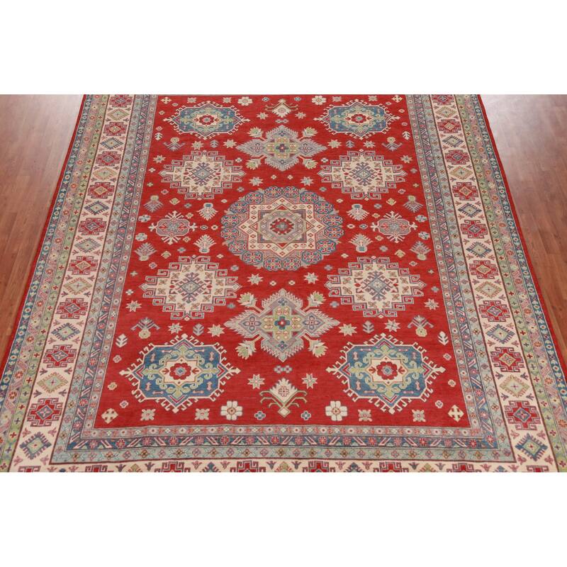 Hand Knotted Oriental 100% Wool Carpet Traditional Geometric Red Kazak Area Rug - 12' 9'' X 9' 11''