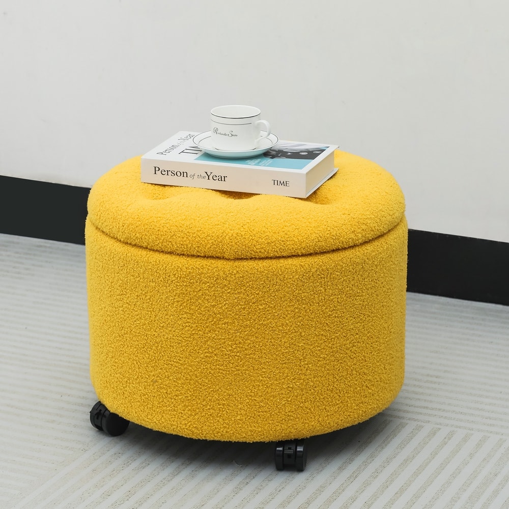 Adeco 20" Wide Button Tufted Round Storage Ottoman with Casters
