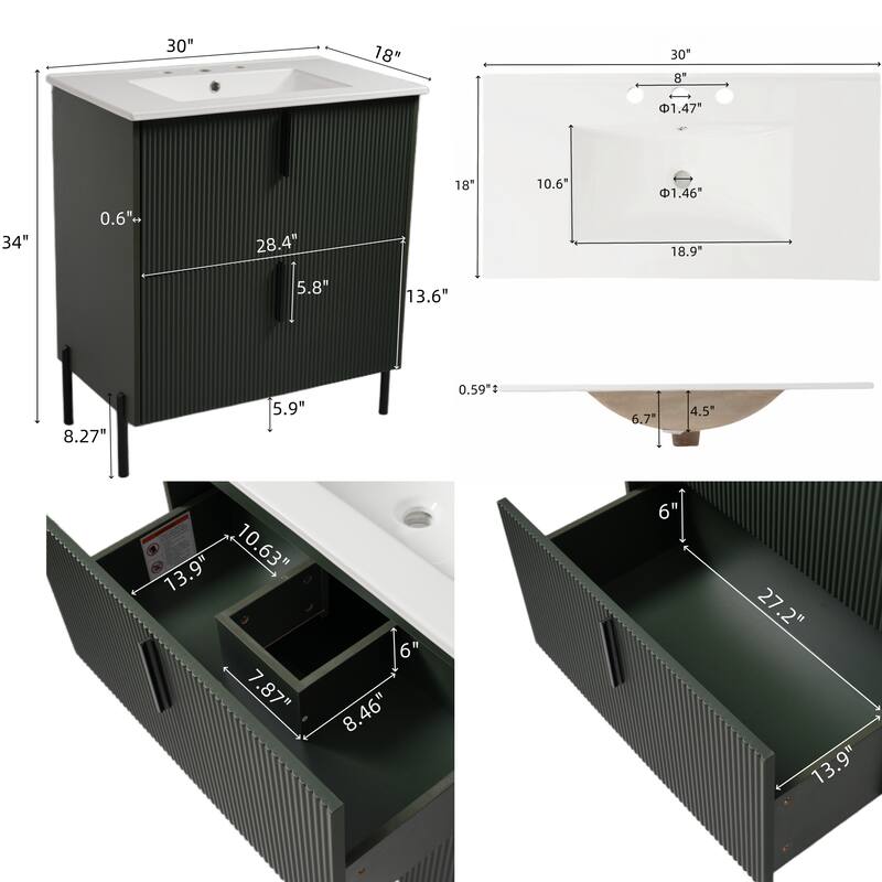 30" Bathroom Vanity with Ceramic Sink, Full-Extension Drawers, Soft-Close Undermount Slides and Fluted Design
