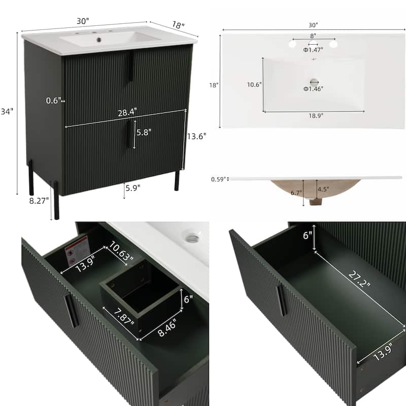 30-Inch Bathroom Vanity with a Ceramic Sink, Full-Extension Drawers, Soft-Close Undermount Slides, and a Fluted Design.