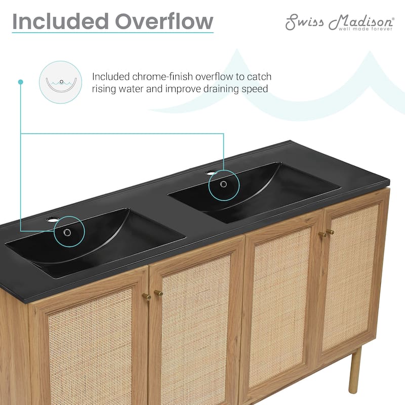 Classe 60 In. Brown Oak, Double Basin Bathroom Vanity With Black ArtificialStone Sink Top