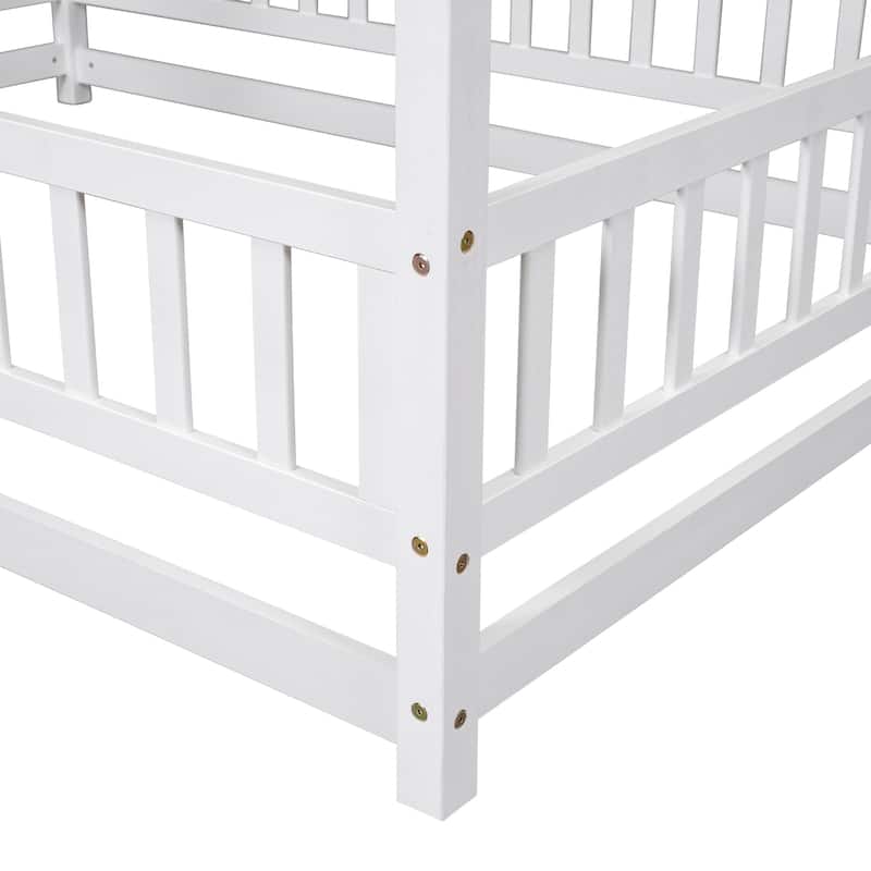 Full/Twin Size Wooden Bed with House Roof Frame and Fence Guardrails