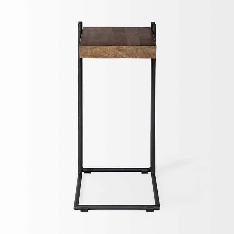 L-Shaped Medium Brown Wood Side Table with Black Metal Frame