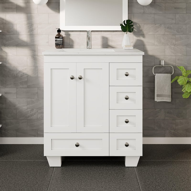 Eviva Happy 28"W Bath Vanity with Carrara Quartz Top - White