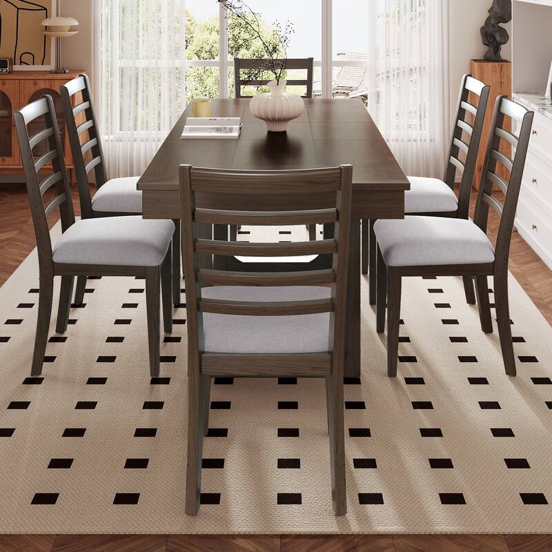 7 Piece Wood Extendable Dining Table Set with 6 Upholstered Chairs - Brown