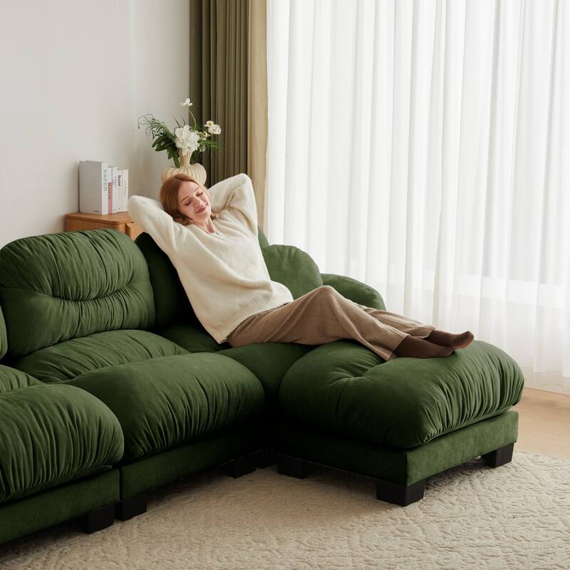 116" Chenille Pleated Design Sectional Sofa with Ottoman and 2 Round Pillows