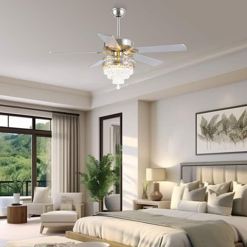 52 Inches Crystal Ceiling Fan Light,Chandelier,APP and Remote Control,5 Dual Side Plywood Blades,Reversible AC Motor - 52 Inches