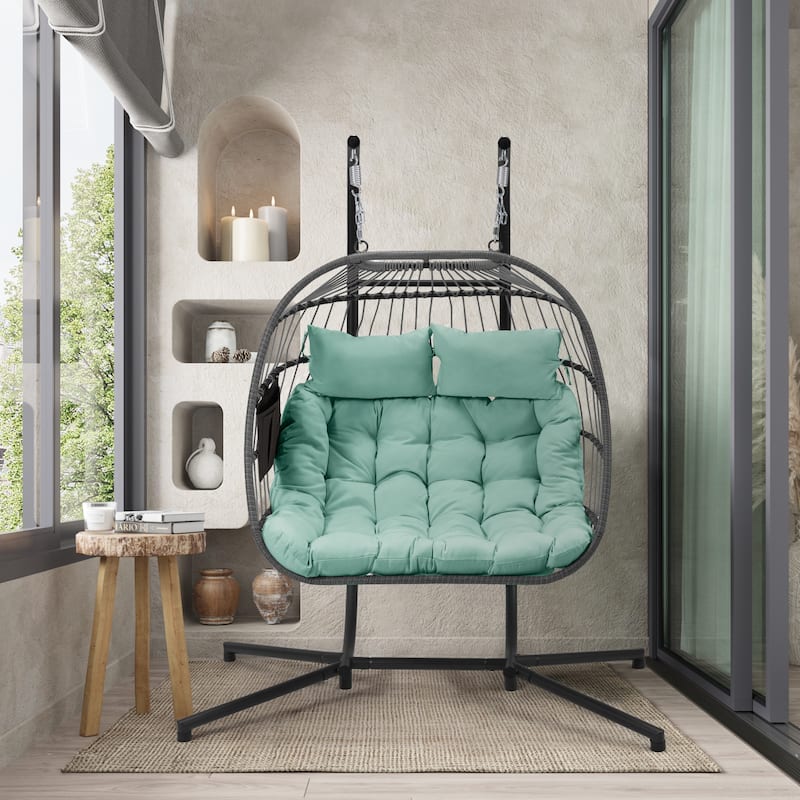 EROMMY Hanging Egg Chair with Stand, Foldable Indoor/Outdoor Swing Chair includes Cushion and Pillow, Patio Wicker Swing - Double - Tiffany Blue