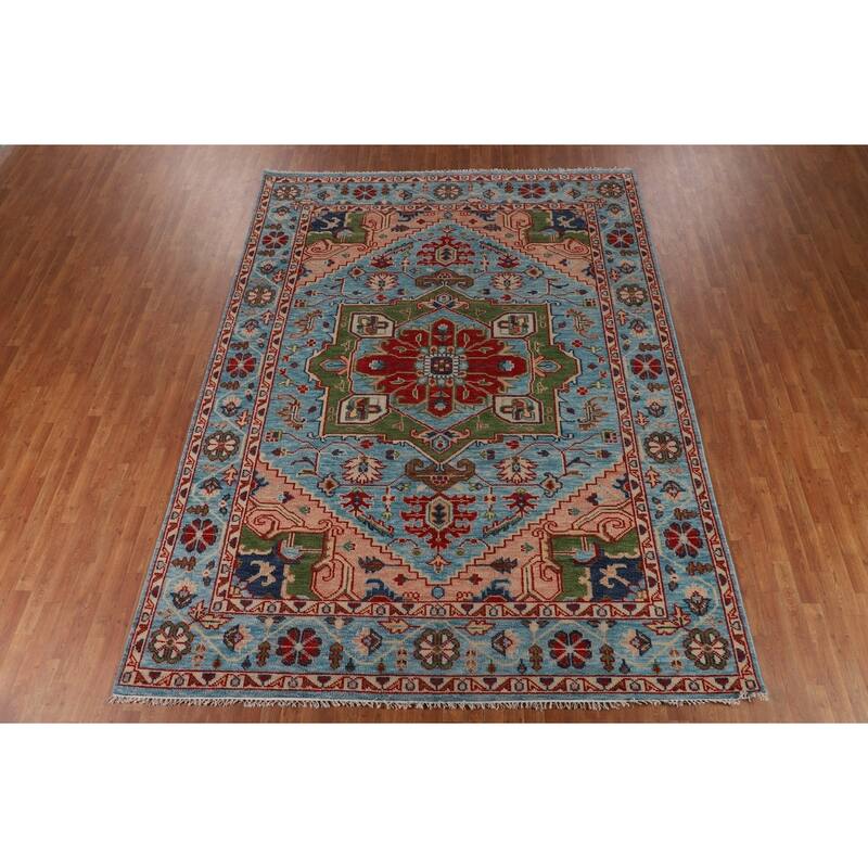 Blue Geometric Heriz Serapi Area Rug Hand-Knotted Wool Carpet - 8'10"x 11'10"