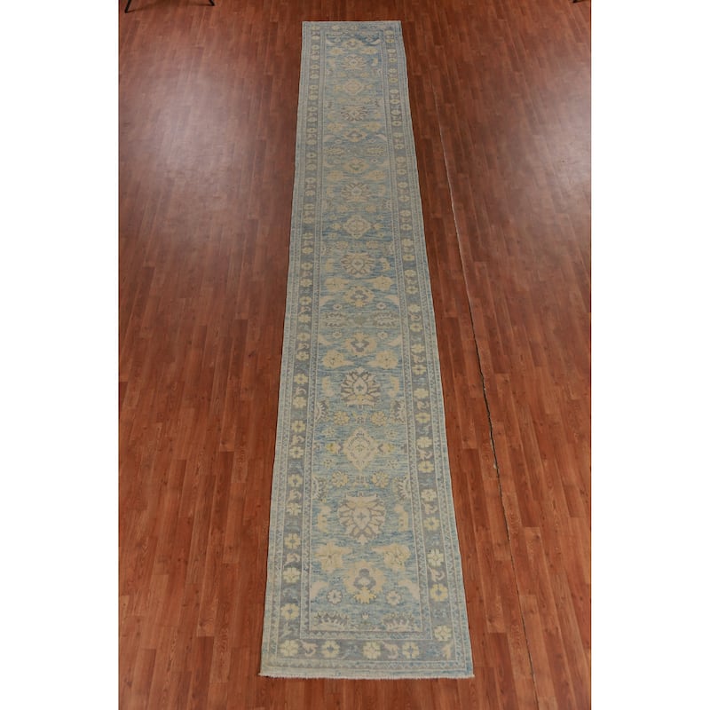 Hand Knotted Oriental 100% Wool Carpet Transitional Floral Navy Blue & Blues Oushak Runner Rug - 20' 2'' X 3' 1''