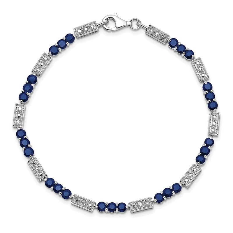 Curata 925 Sterling Silver Rhodium Vintage Aquamarine, Tanzanite or Sapphire and Diamond Bracelet