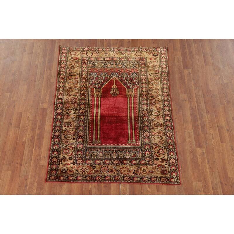 100% Silk Anatolian Turkey Foyer Rug Hand-Knotted Wool Carpet - 4'1" x 5'8"