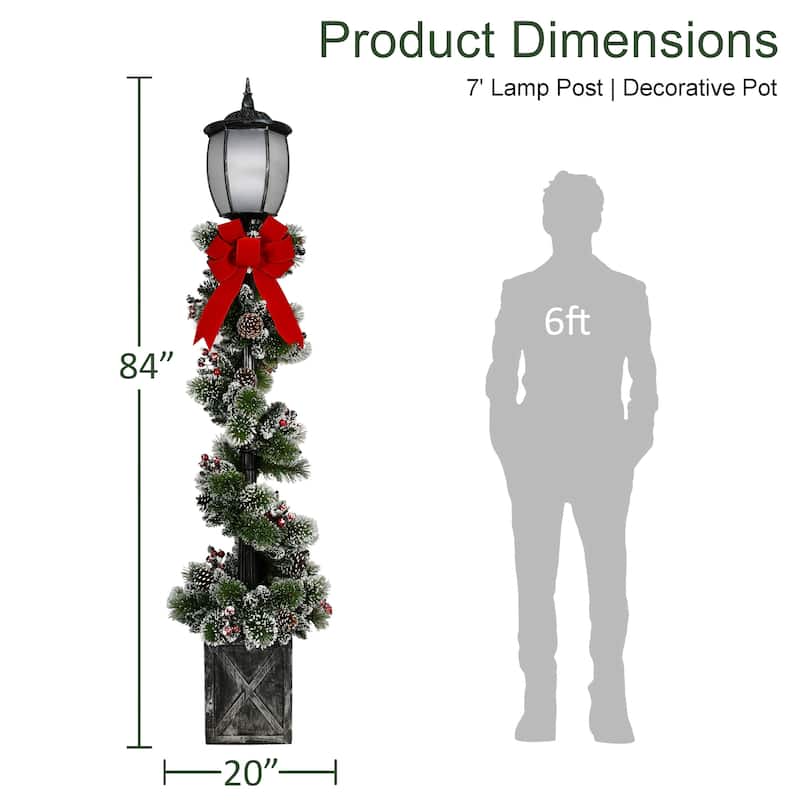 Puleo International 7' Pre-Lit Lamp Post Christmas Holiday Decor with 100 Warm White Twinkling LED Lights in Decorated Pot