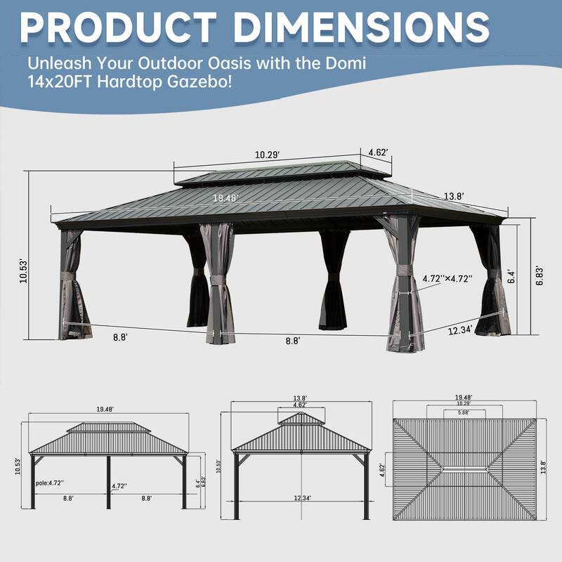 14' X 20' Hardtop Gazebo with Double Roof, Aluminum Frame, Curtains, and Netting for Outdoor Spaces