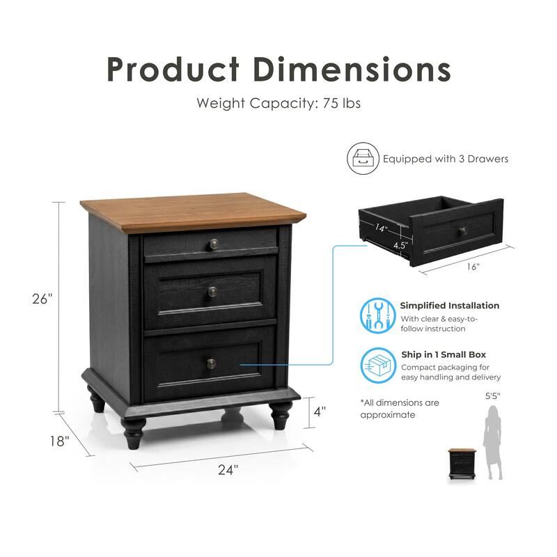247 Shop At Home Lane Classic Traditional 3-Drawer Nightstand