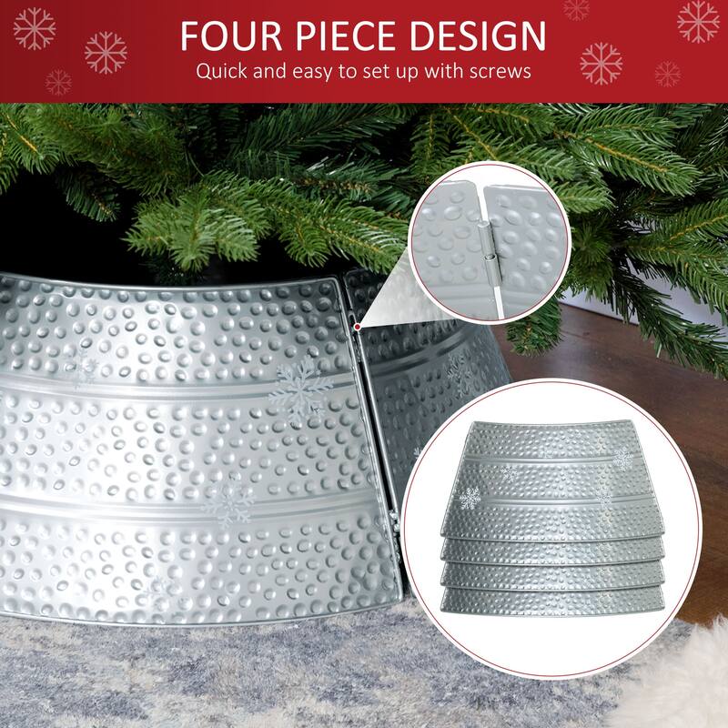 Bright Silver Christmas Tree Collar with Snowflake Engraving and Sturdy Metal Base Cover - 26" x 9" H