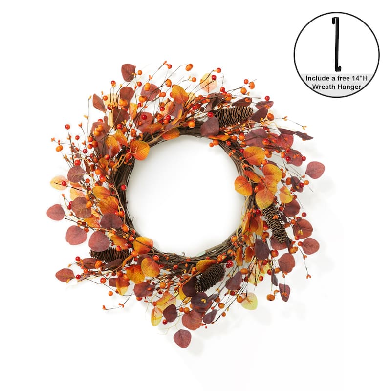 Glitzhome 22"D Fall Eucalyptus Berry Wreath with Hanger Thanksgiving Decor - Wreath