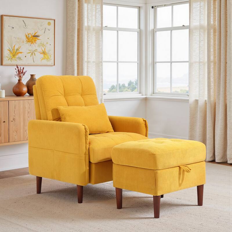 Adjustable Backrest Upholstered Accent Chair with Storage Ottoman Set - ORANGE