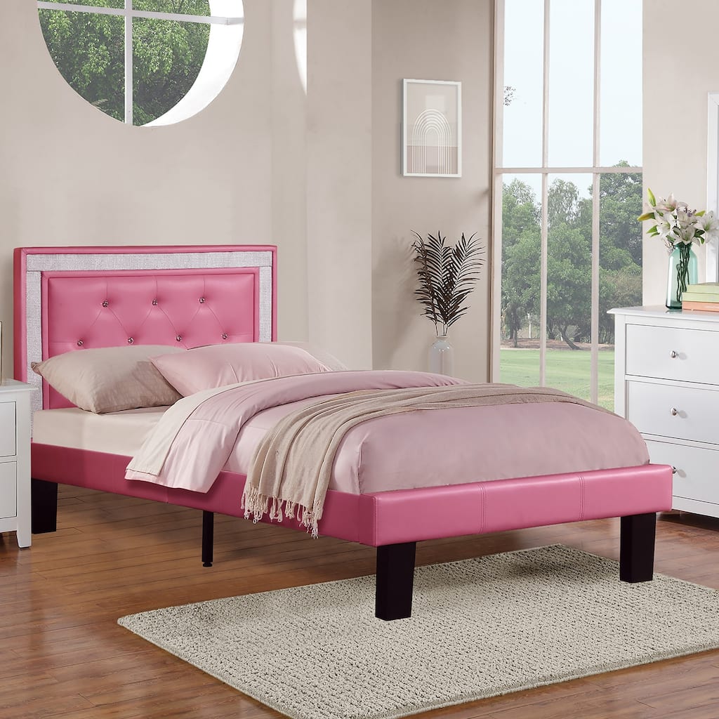 Pink Faux Leather Full Size Bed with Tufted Diamond Headboard & Wooden Legs - Modern Bedroom Furniture
