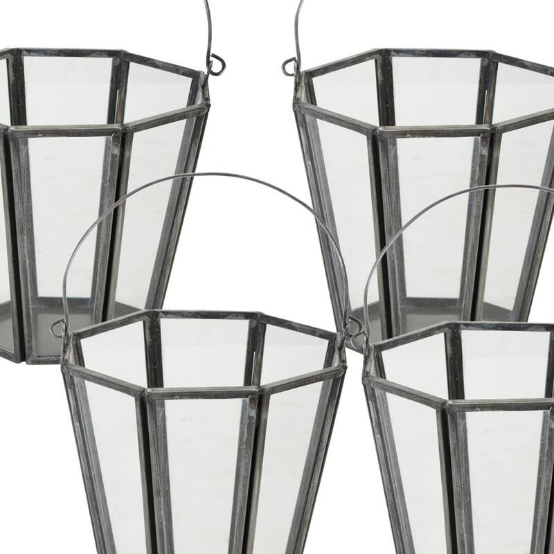 Set of Four Gray Iron and Glass Geometric Tabletop Votive Candle Holders - One Size