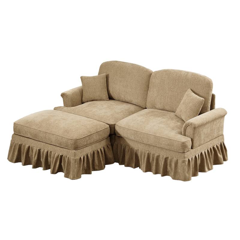 2-Seater L Shaped Sofa Couch, Lounge Sofa with Removable Ruffles Pleats Skirts, Loveseat Sofa with Movable Ottoman
