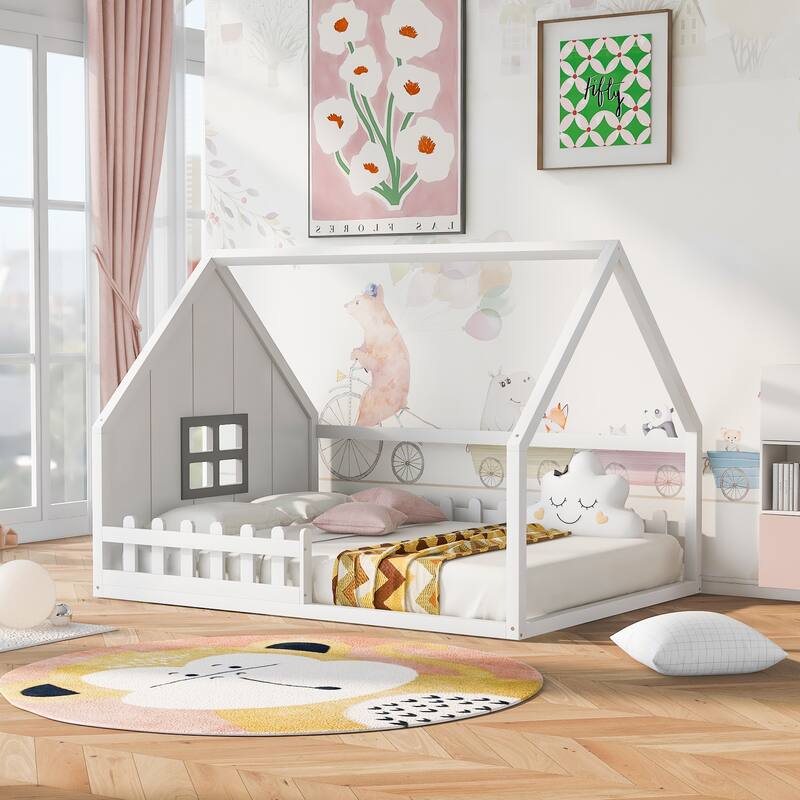 White Full Pine House Floor Bed with Window, Fence & Roof