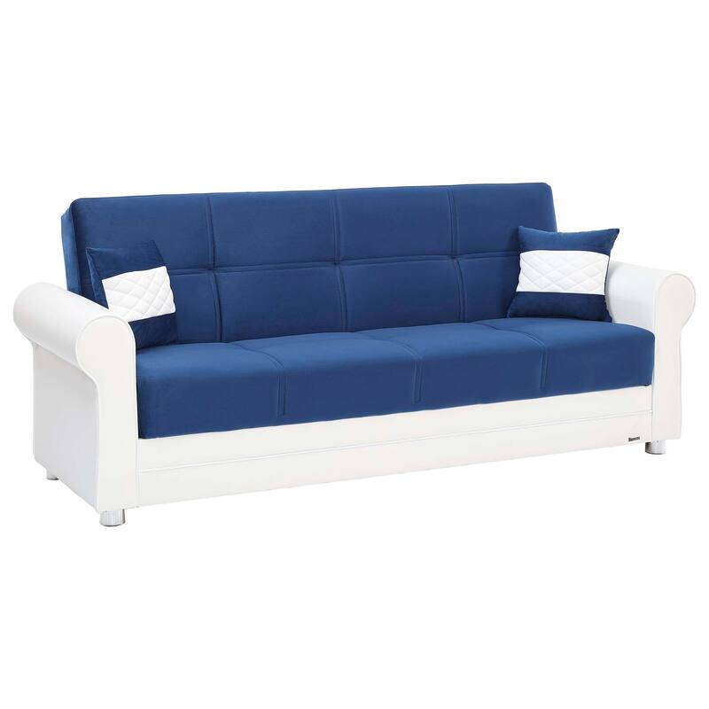 HomeRoots 89" Sky Blue Polyester Convertible Futon Sleeper Sofa And Toss Pillows With Storage