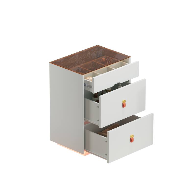 Nightstand with LED Lights & 3 Drawers, Side Table with Glass Top Jewelry Storage Compartments, Small Wood Accent Table