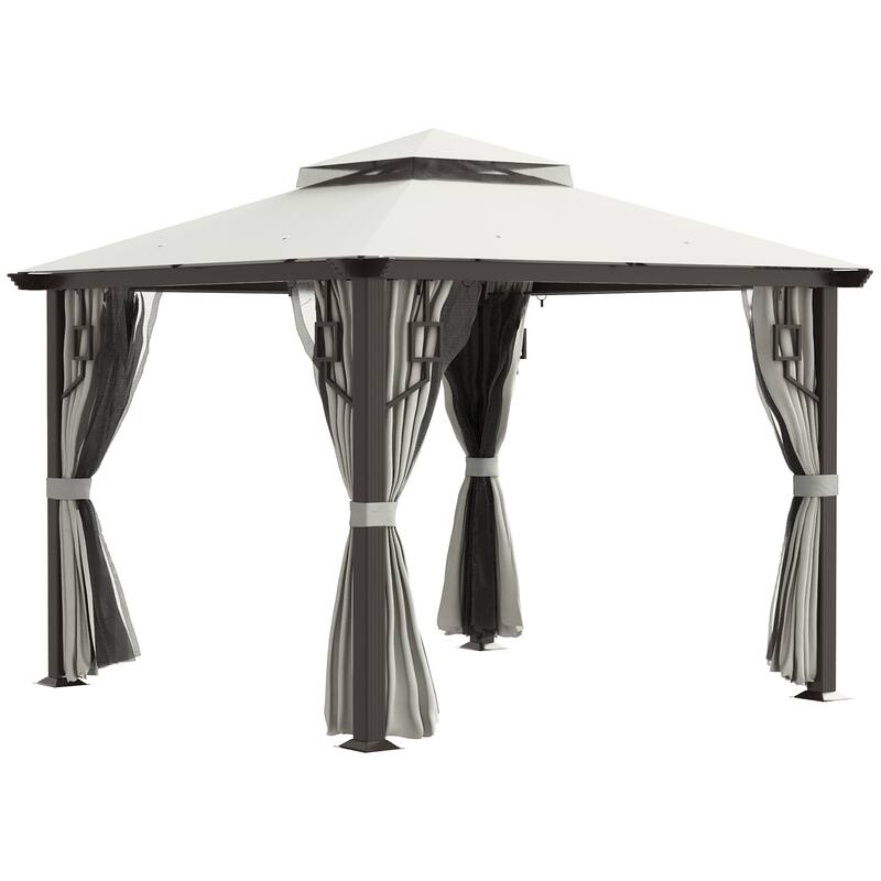Outsunny 10' x 10' Patio Gazebo Outdoor Canopy Shelter with Aluminum Frame, Double Tier Roof, Netting and Curtains