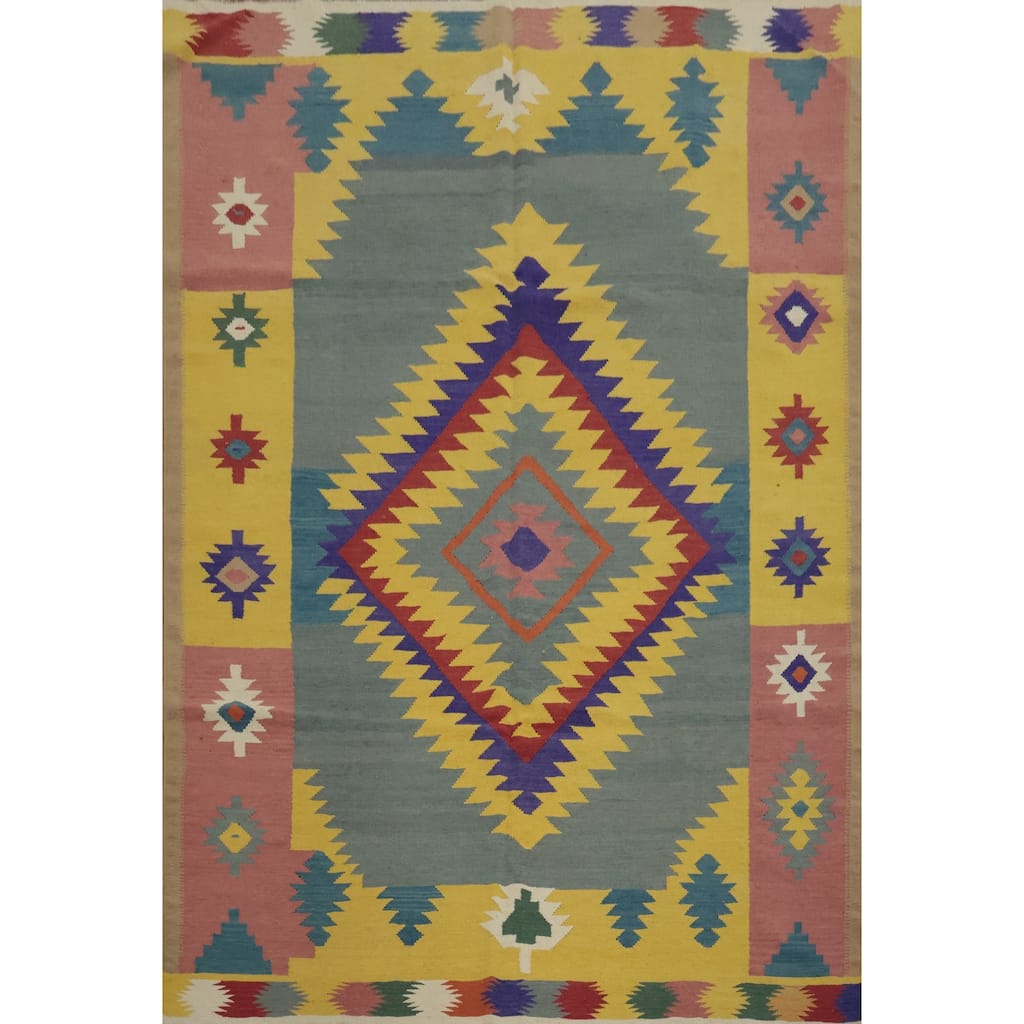 Hand Woven Oriental 100% Wool Carpet Southwestern Tribal Multi-Colored Kilim Area Rug - 9' 7'' X 7' 10''