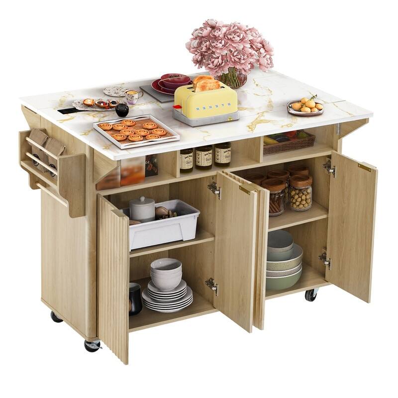 Modern 55.5" Fluted Kitchen Island with Drop Leaf, Kitchen Storage Cart on 5 Wheels with Power Outlet, Spice rack,Curved Edge